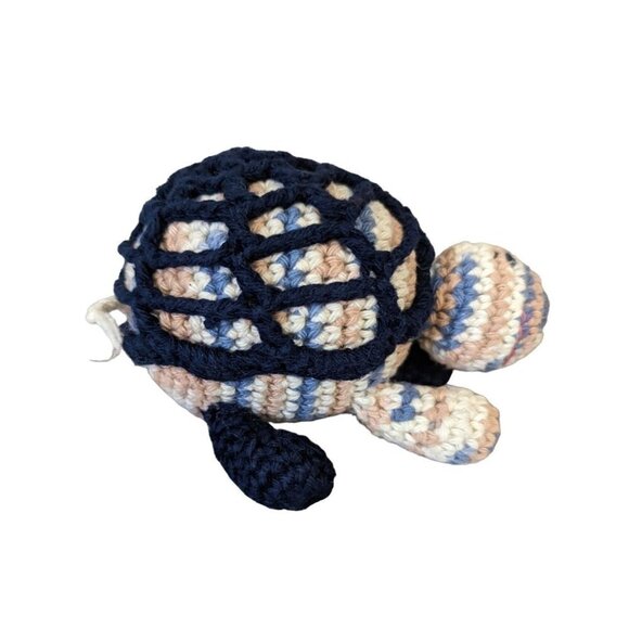 Hand Crocheted Yarn Blue tan  Turtle Plush Stuffed Animal Rattle  6in - Picture 2 of 8